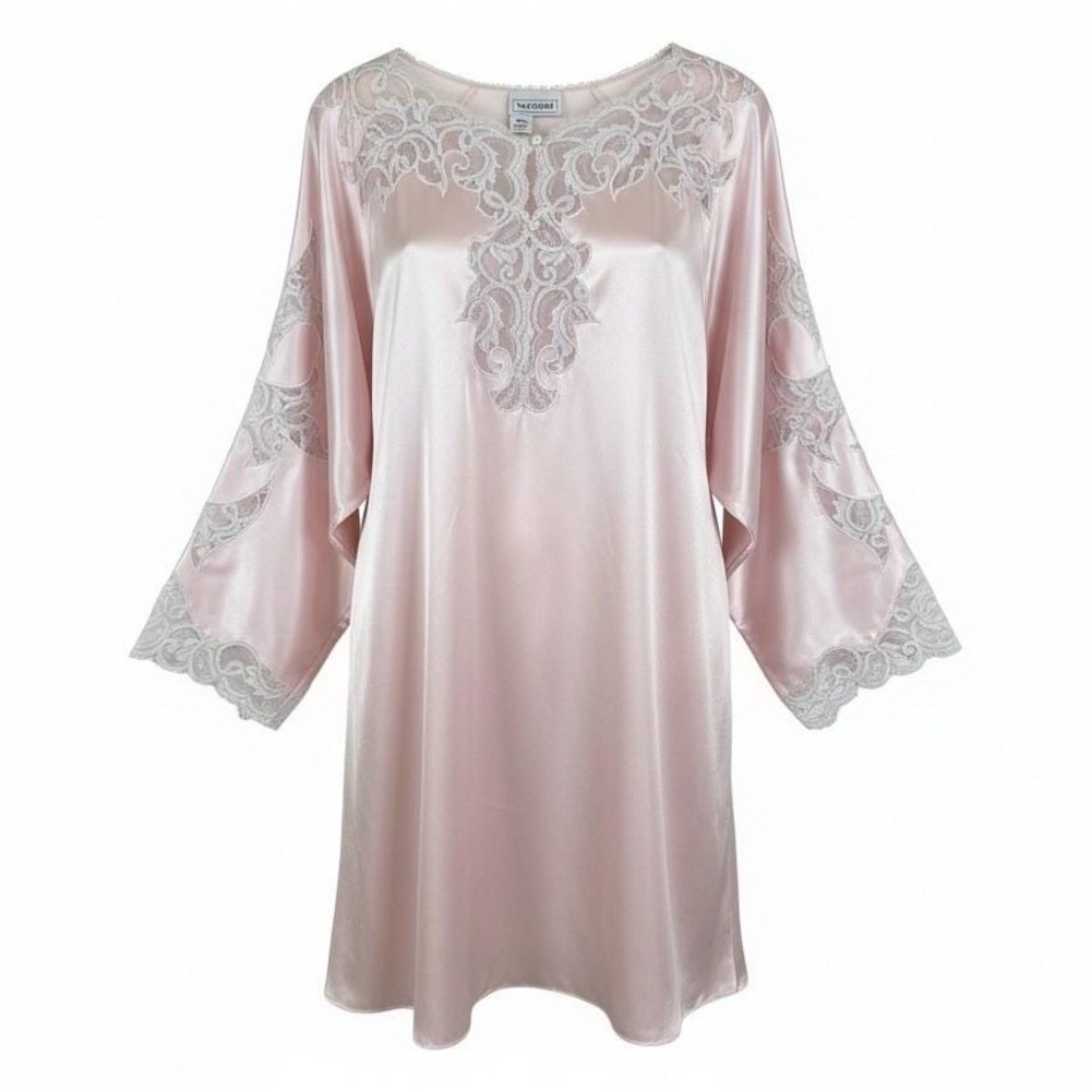 Natori Neiman Marcus Pink Satin Lace Nightgown Kimono Sleeve Vintage Chemise